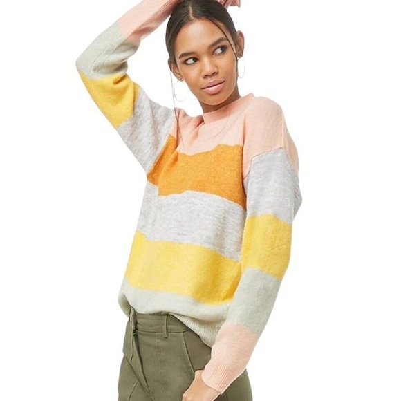 Forever 21 Womens Sweater Medium‎ Mock Neck Long Sleeve Color Block Multicolor - Picture 2 of 13